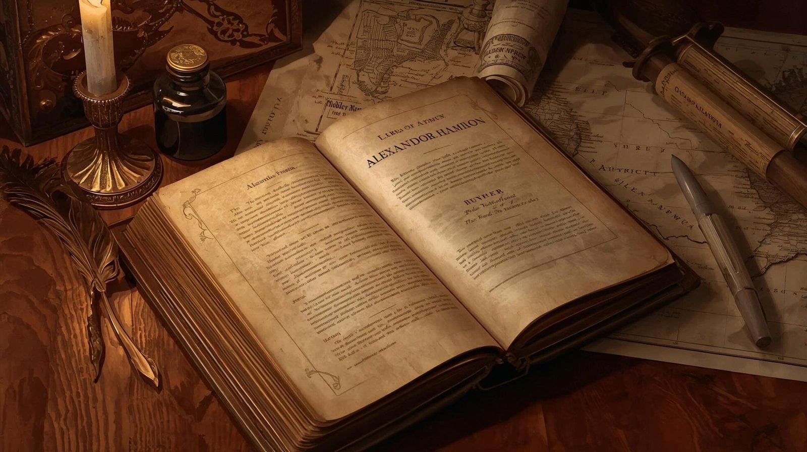 alexander hamilton book on a vintage desk under candlelight