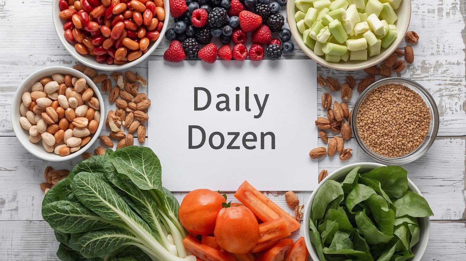 How Not to Die Summary visual of Daily Dozen foods promoting plant-based nutrition