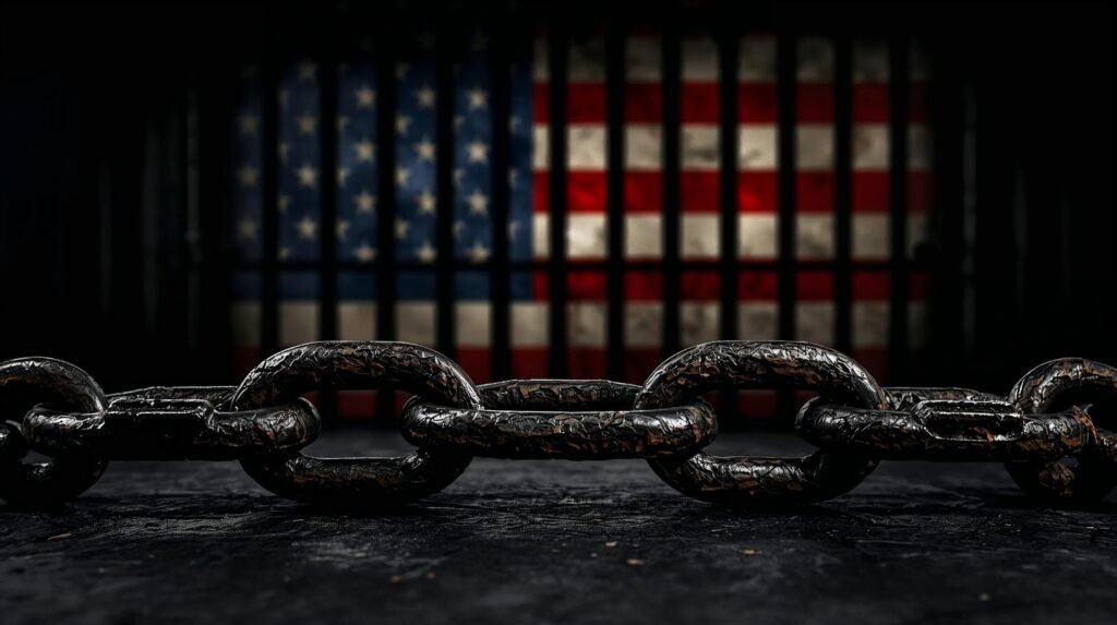 The New Jim Crow Summary featured image showing broken chains and prison bars symbolizing racial injustice in America.