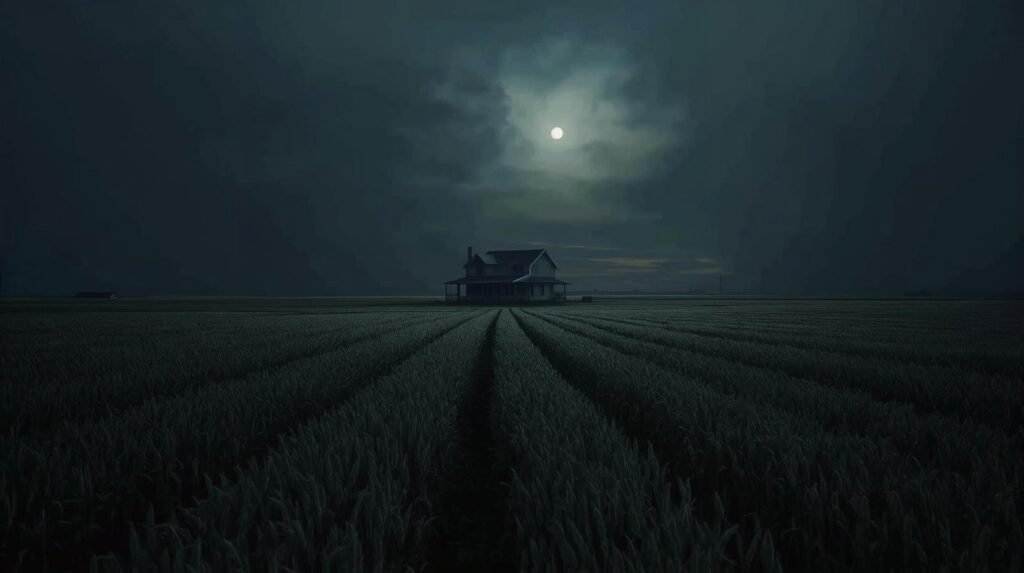 In Cold Blood Summary featuring Kansas farmhouse at night under haunting moonlight