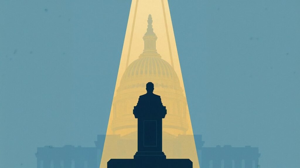 A Promised Land Summary symbolic leadership illustration with podium silhouette and Capitol outline