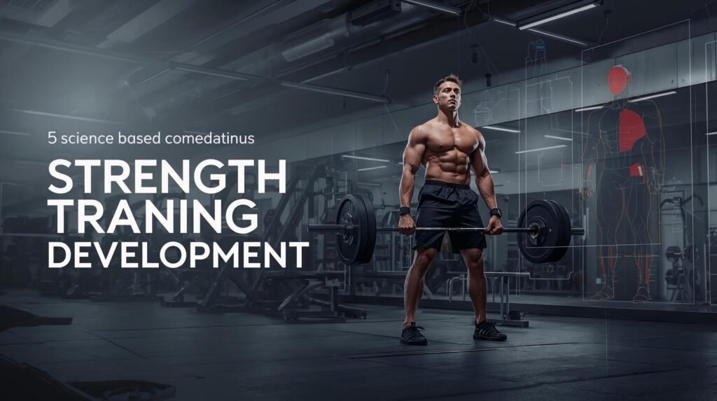 Create a conceptual illustration representing the holistic approach of body by science, including elements of exercise, nutrition, sleep, and recovery, connected in a visually appealing infographic style.