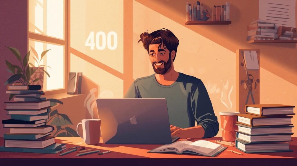 400th Blog Journey celebrating milestone with laptop books and coffee in creative workspace