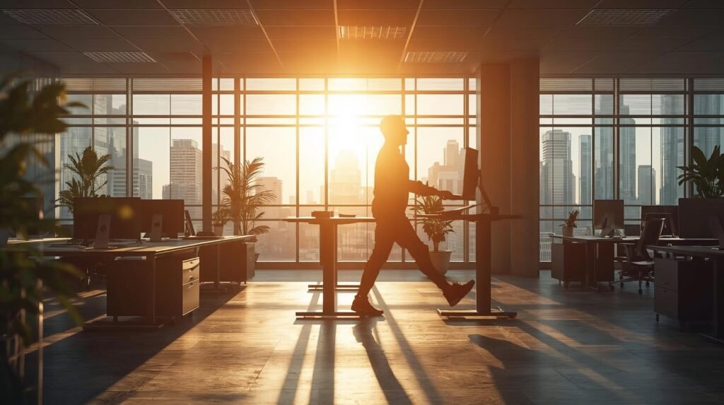 deskbound standing worker at height-adjustable desk promoting movement and posture