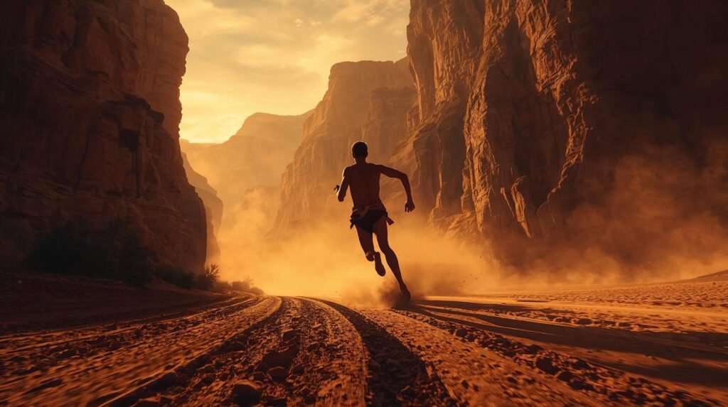 born to run book summary depicting barefoot endurance runner in Copper Canyon landscape