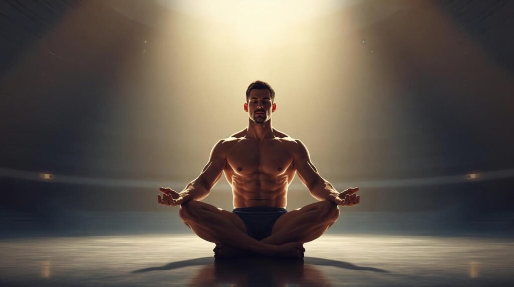 the mindful athlete practicing meditation inside a modern sports arena