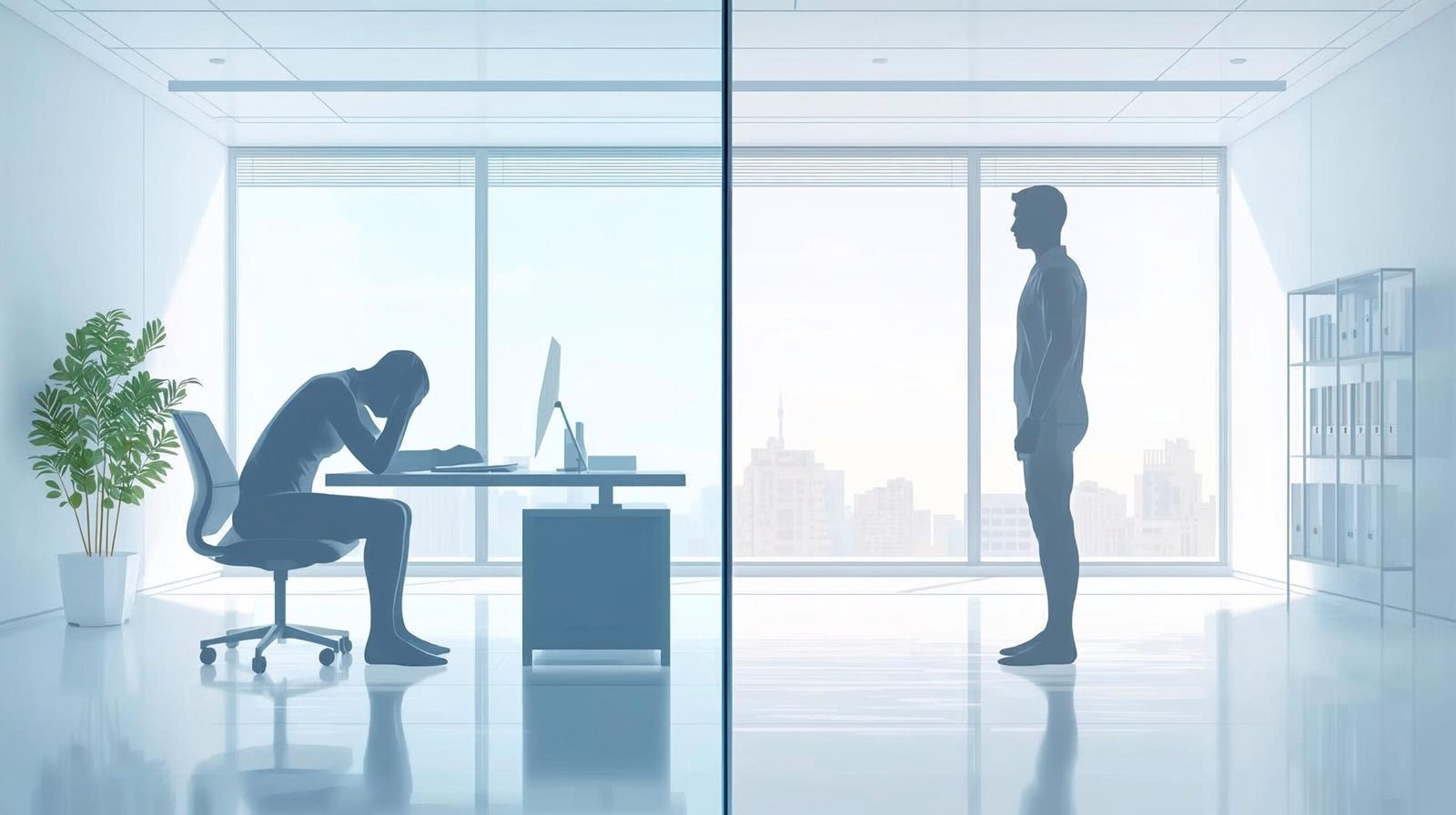 deskbound comparison of sitting versus standing posture in abstract office illustration