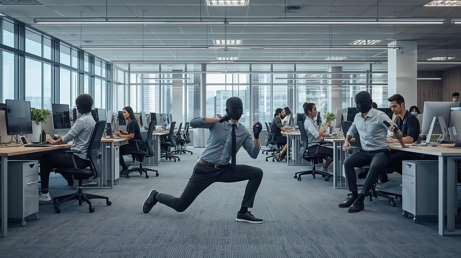 deskbound office employees performing mobility exercises to improve health