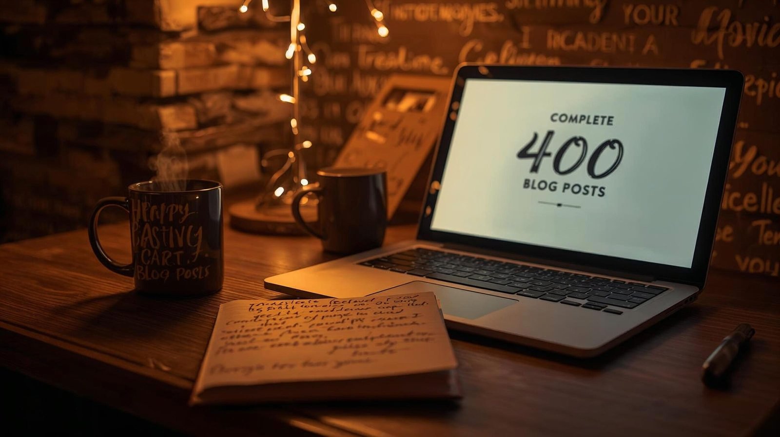 400th Blog Journey celebratory desk with laptop coffee and notebook