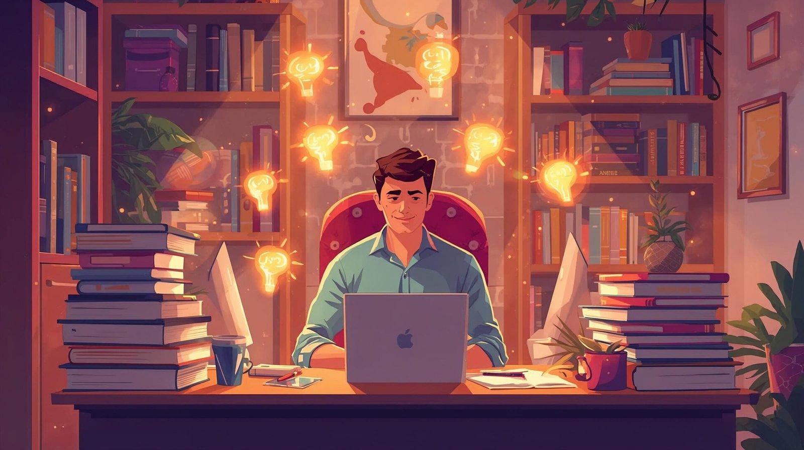 400th Blog Journey blogger surrounded by books digital devices and ideas