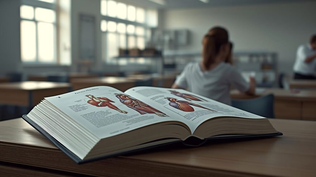 exercise physiology book showing human anatomy muscle and cardiovascular system illustration on study desk