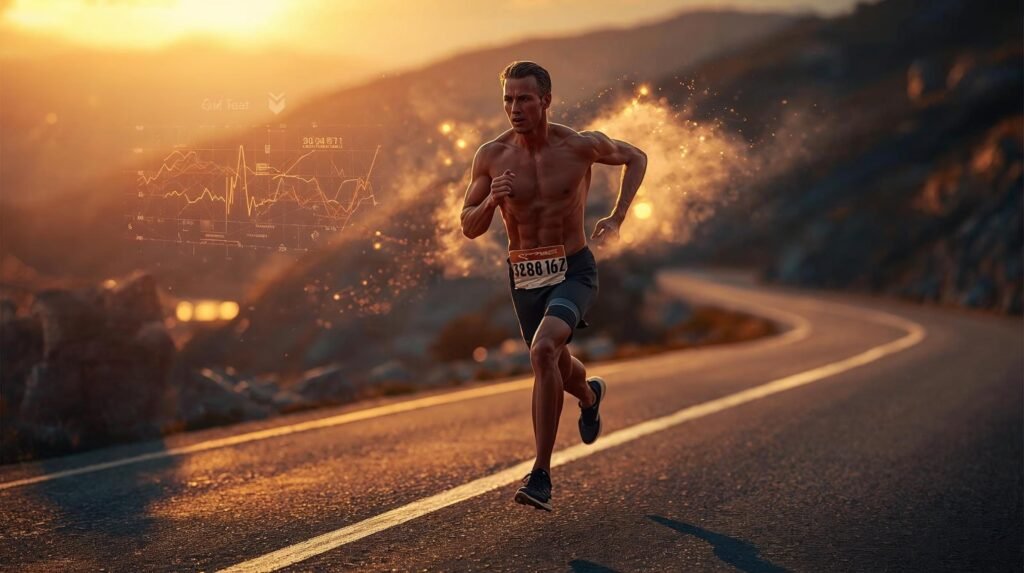 elite athlete demonstrating the science of running with physiological and performance visualisation at sunrise